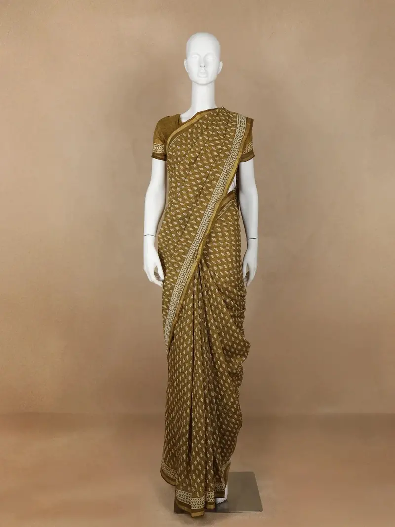 Mustard Green Floral Designed Cotton Saree 1