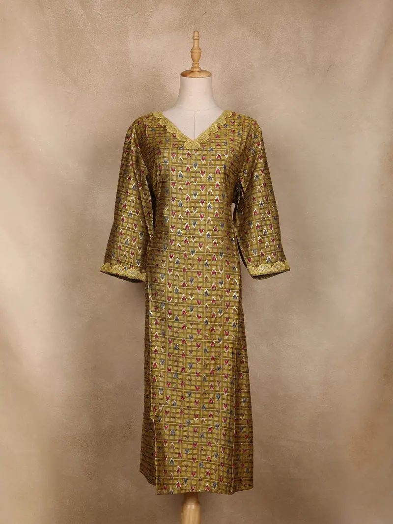 Mustard Green Ikat Design Rayon Kurti 1