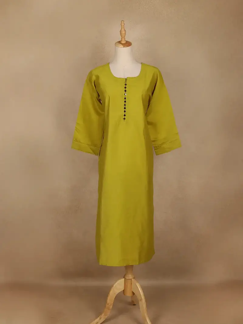 Mustard Green Solid Cotton Kurti With Button Detailing 1