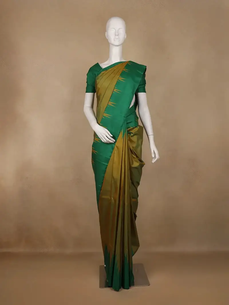 Mustard Green Solid Woven Pure Silk Saree With Temple Border 1