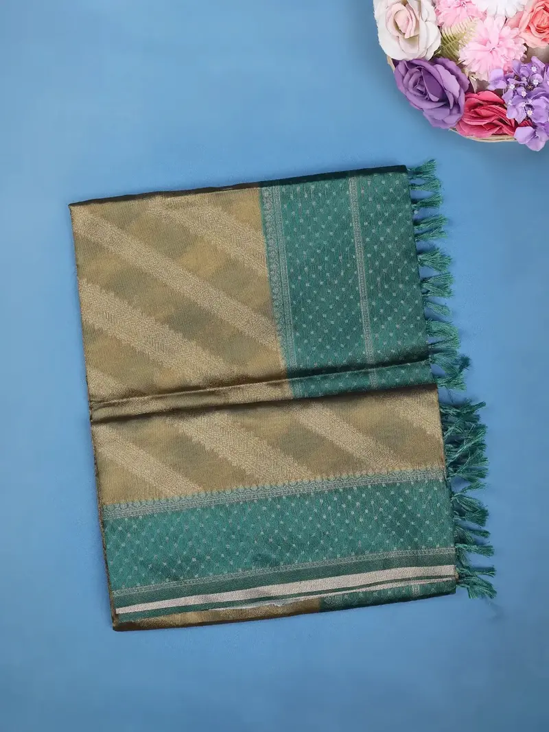 Mustard Green Stripes Zari Woven Tissue Silk Saree 1