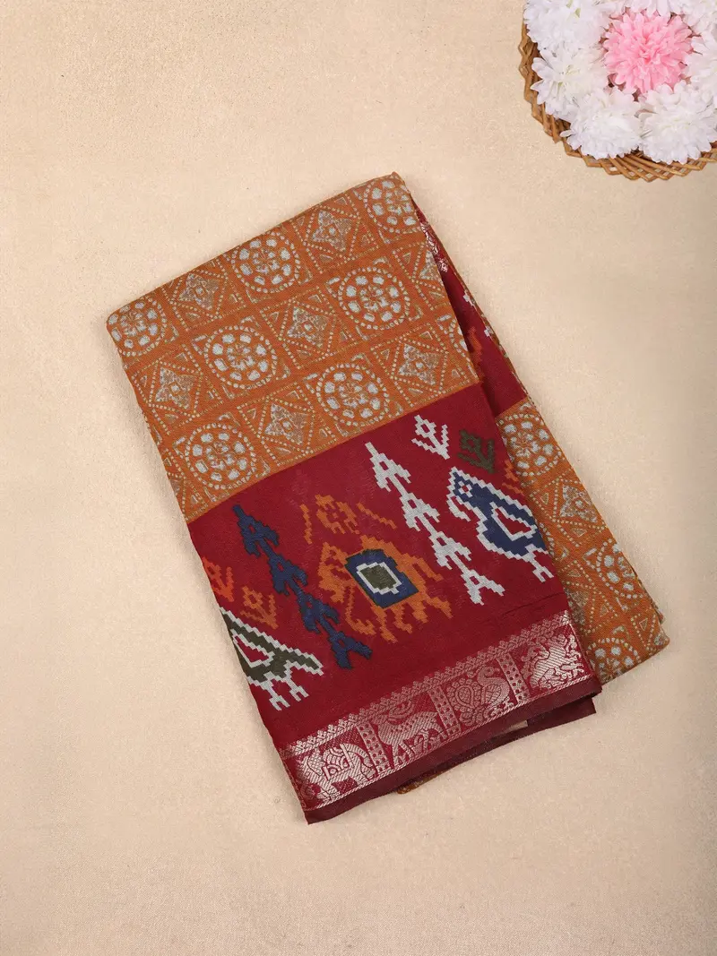 Mustard Ikat Printed Chanderi Cotton Saree With Maroon Zari Border 1