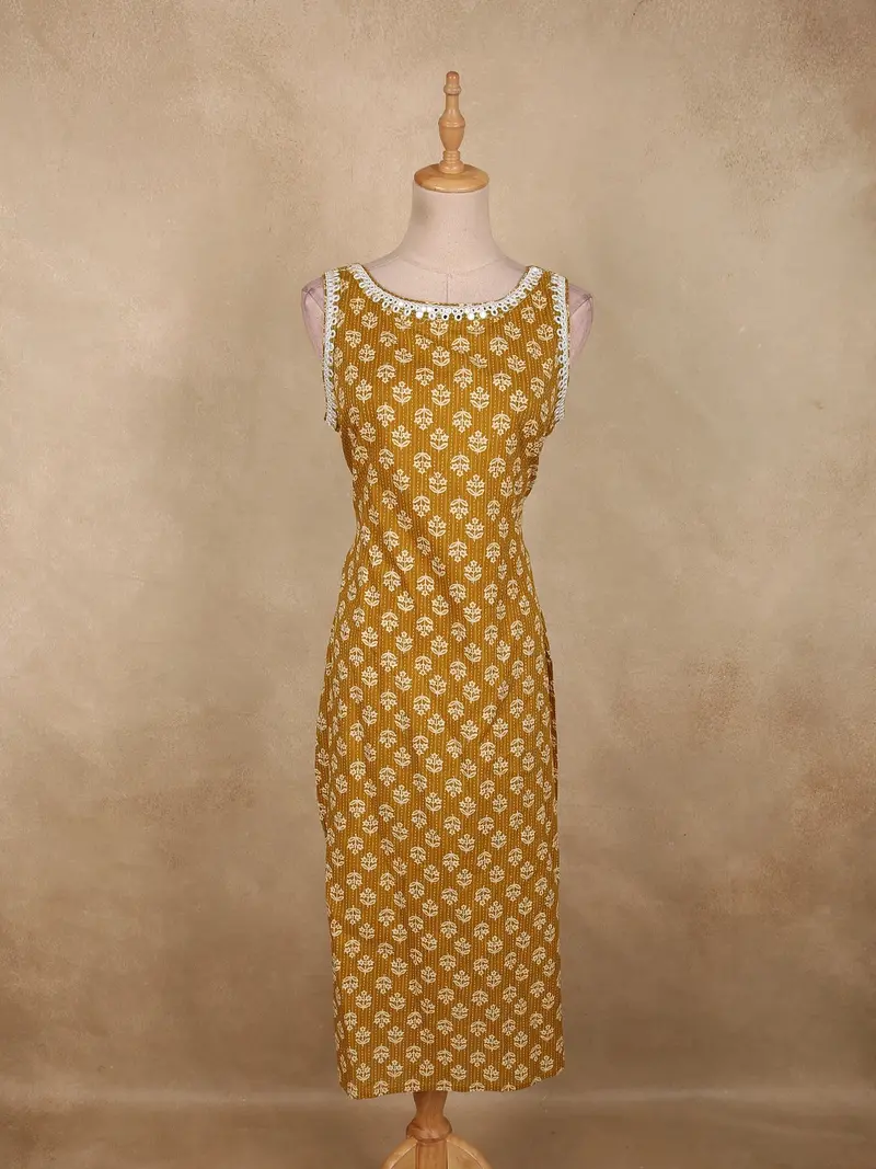 Mustard Ochre Yellow Floral Printed Design Cotton Kurti 1