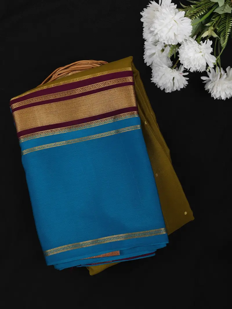 Mustard Olive Green Butta Woven Design Mysore Silk Designer Saree With Contrast Zari Border 1