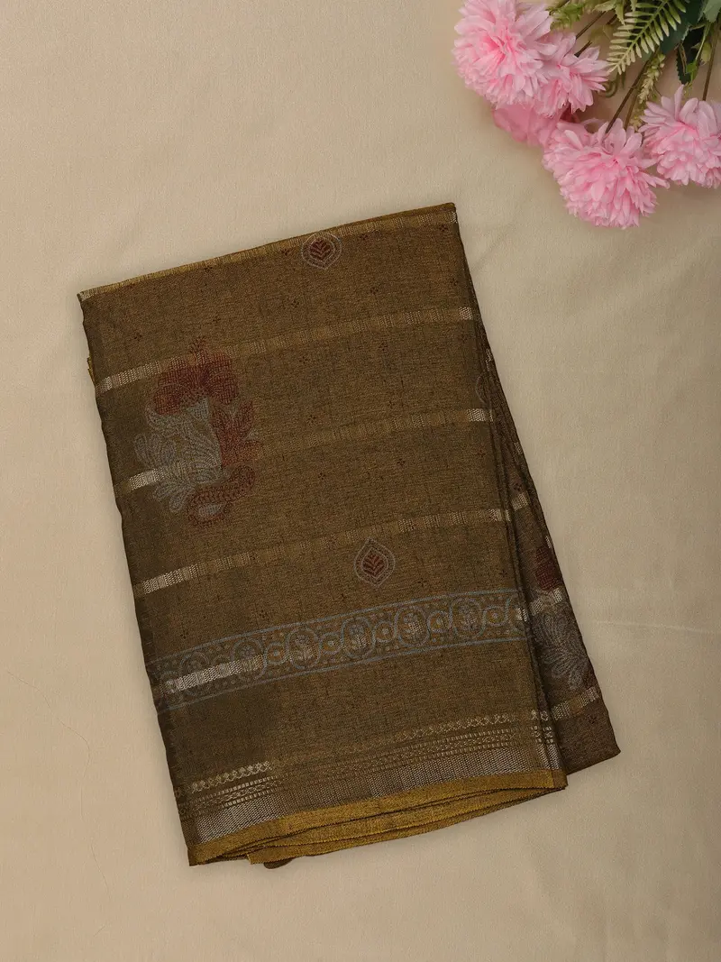Mustard Olive Green Floral And Paisley Motif Woven Design Mixed Cotton Saree 1