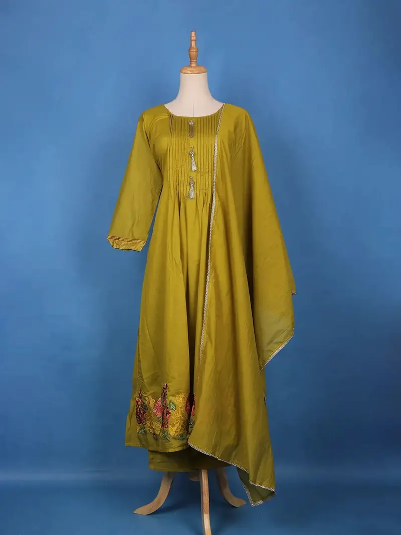 Mustard Olive Green Floral Embroidery Georgette Salwar Suit 1