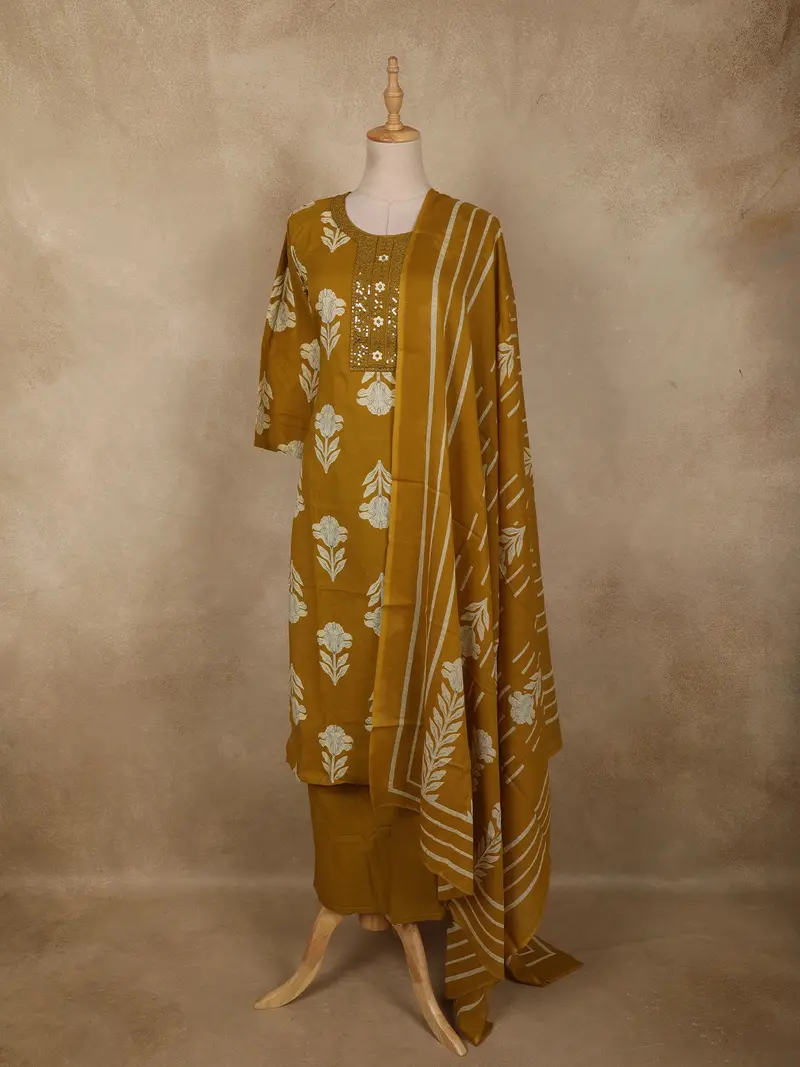 Mustard Olive Green Floral Printed Design Cotton Salwar Suit With Dupatta 1