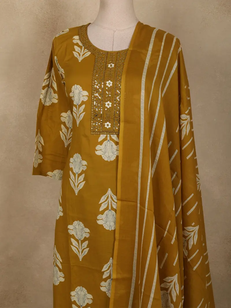 Mustard Olive Green Floral Printed Design Cotton Salwar Suit With Dupatta 2