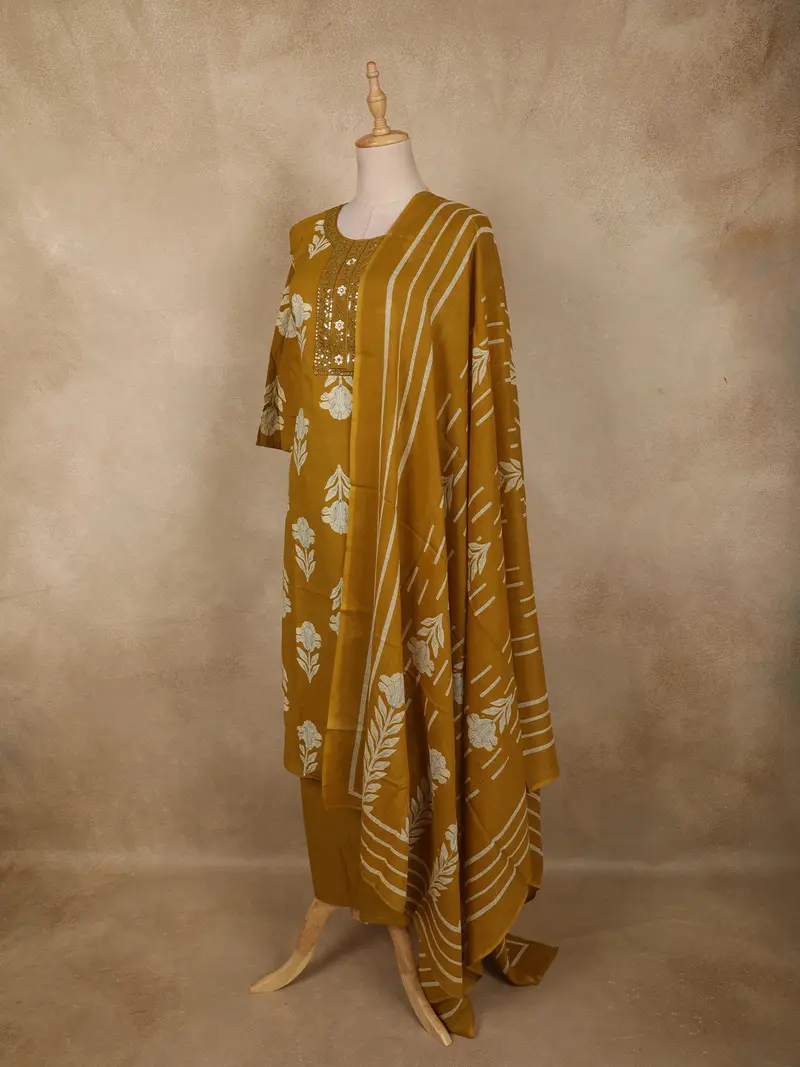 Mustard Olive Green Floral Printed Design Cotton Salwar Suit With Dupatta 3