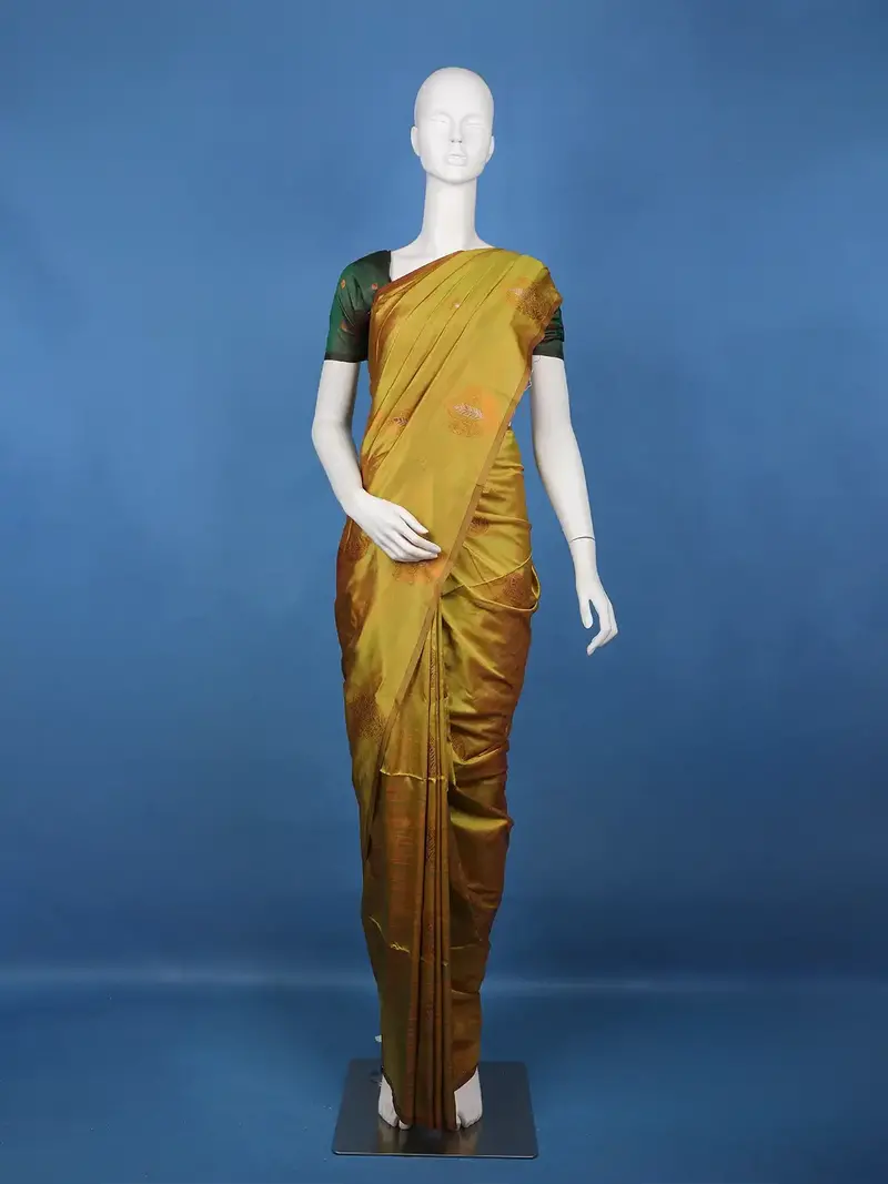 Mustard Olive Green Striped Pattern Silk Saree 1