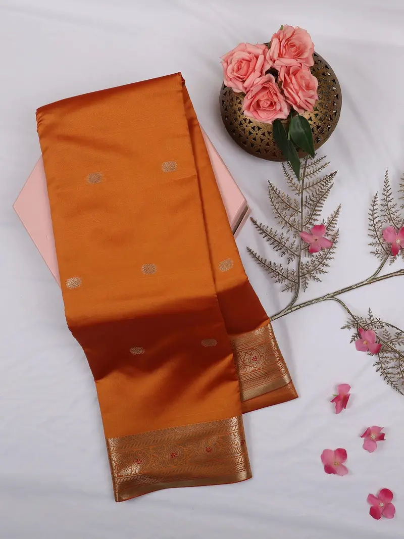 Mustard Orange Butta Woven Soft Silk Saree With Zari Border 1