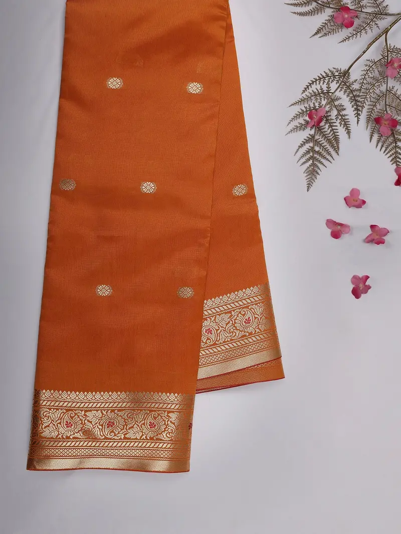 Mustard Orange Butta Woven Soft Silk Saree With Zari Border 2