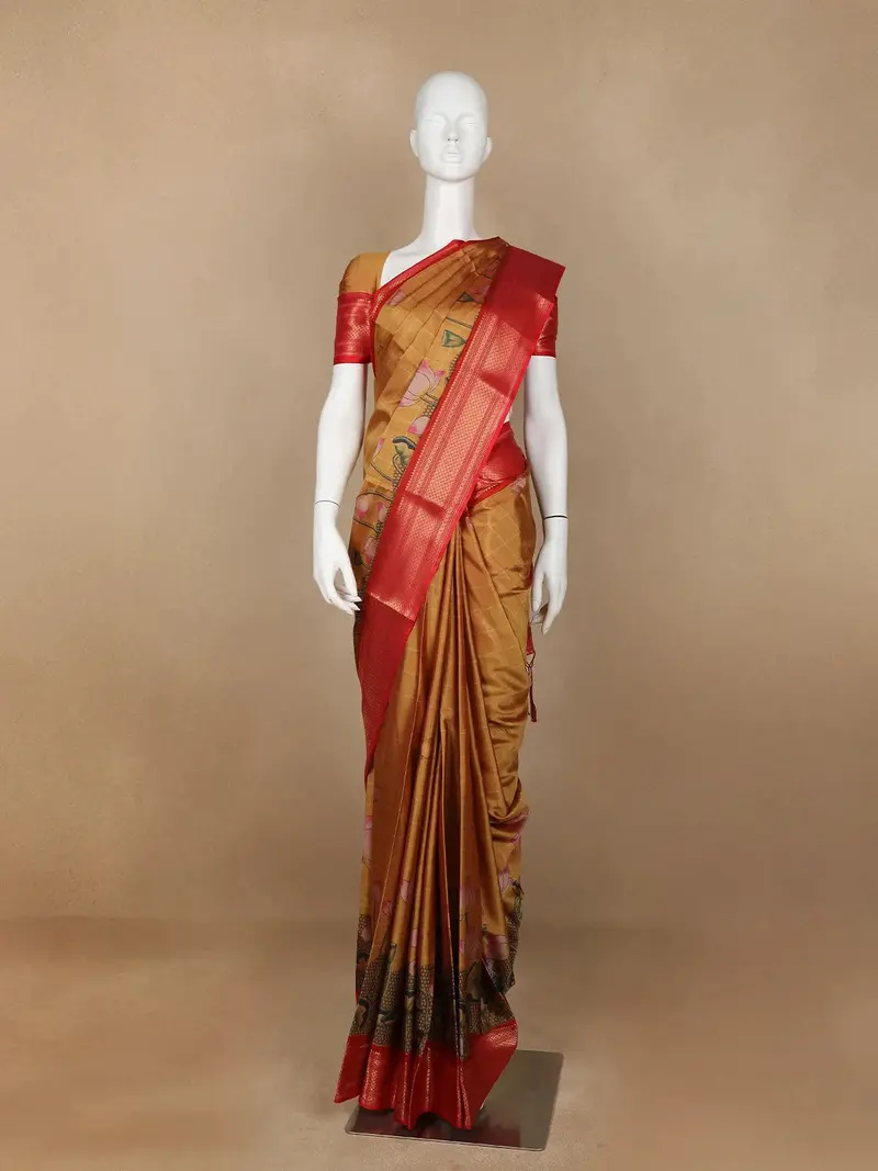 Mustard Orange Floral Designed Semi Tussar Silk Saree 1