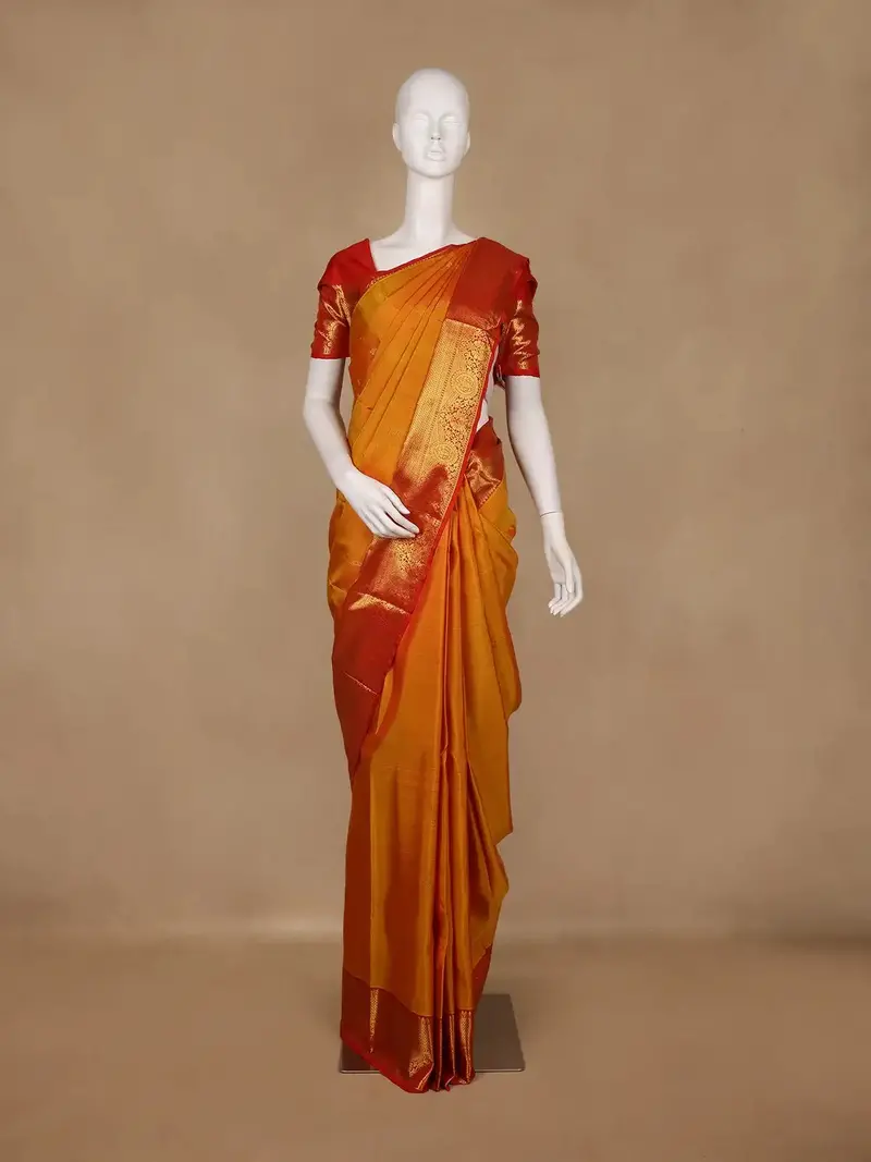 Mustard Orange Floral Woven Pure Kanchipuram Silk Saree With Contrast Border 1