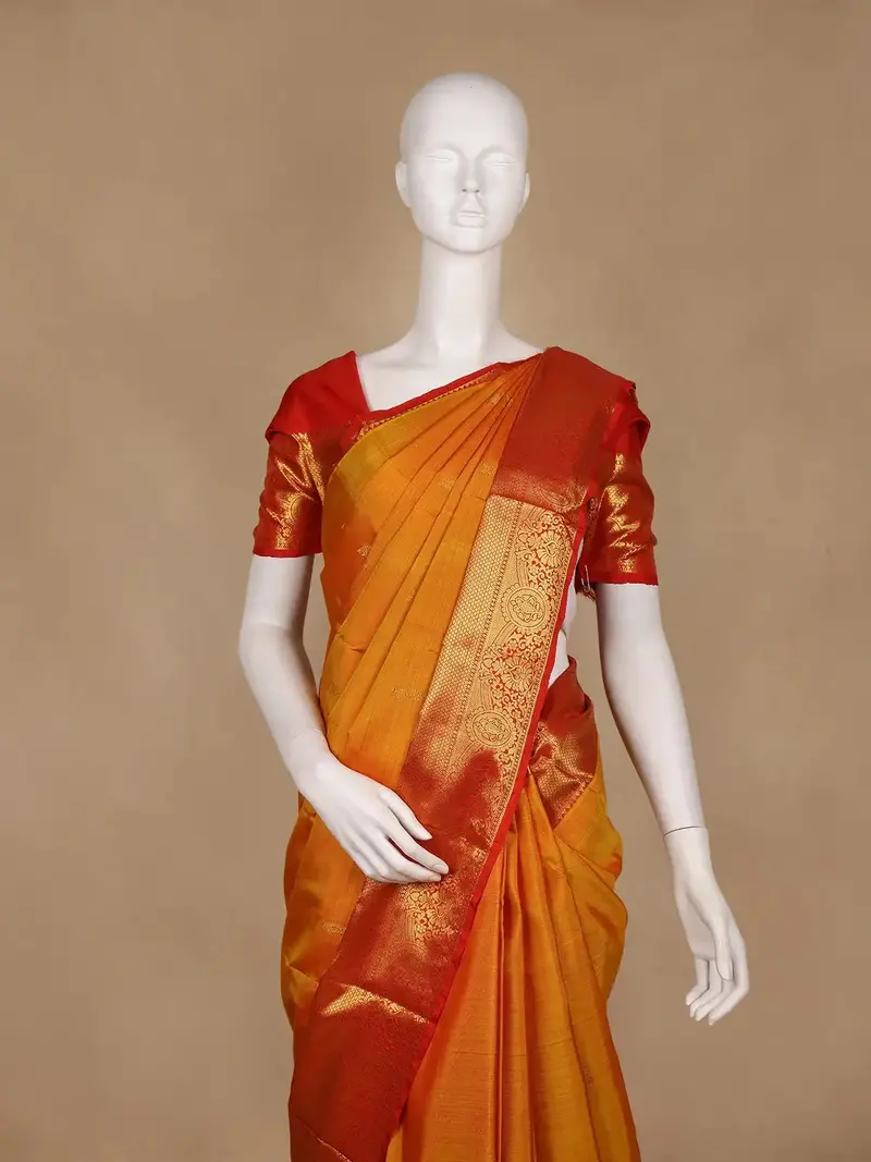Mustard Orange Floral Woven Pure Kanchipuram Silk Saree With Contrast Border 2