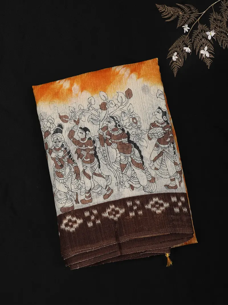Mustard Orange Ikat Printed Design Blended Cotton Saree With Traditional Kalamkari Border 1