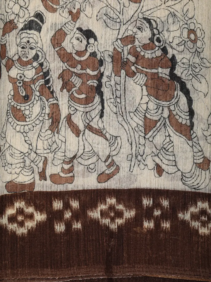 Mustard Orange Ikat Printed Design Blended Cotton Saree With Traditional Kalamkari Border 2