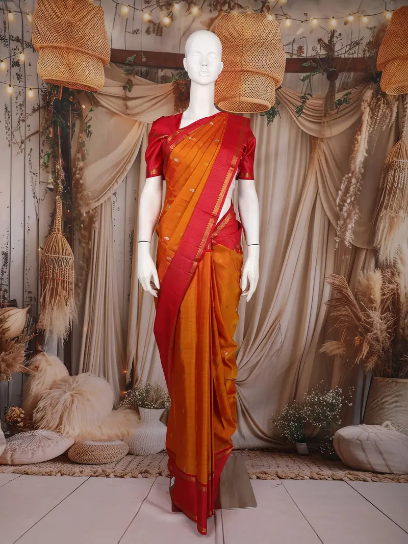 Mustard Orange Paisley Woven Design Pure Kanchipuram Silk Saree With Contrast Woven Border 1