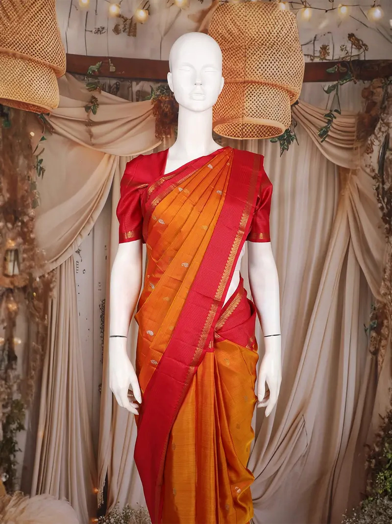 Mustard Orange Paisley Woven Design Pure Kanchipuram Silk Saree With Contrast Woven Border 2