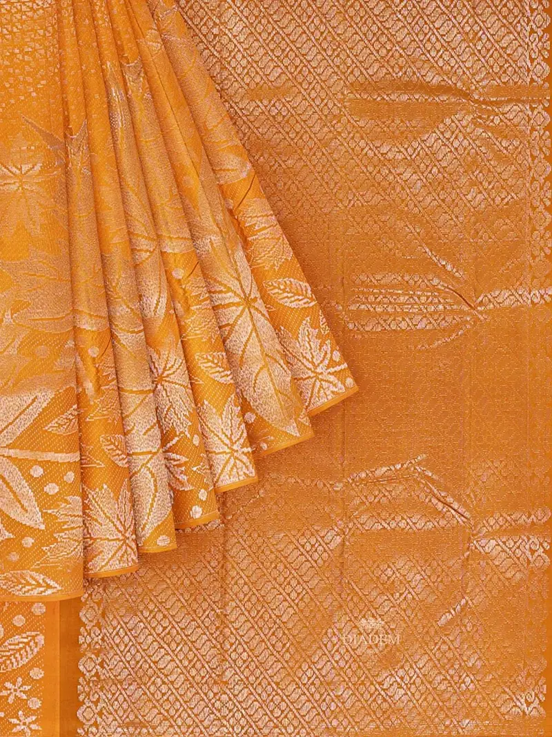 Mustard Orange Pure Kanchipuram Bridal Silk Saree With Floral Motif On The Body And Without Border 1