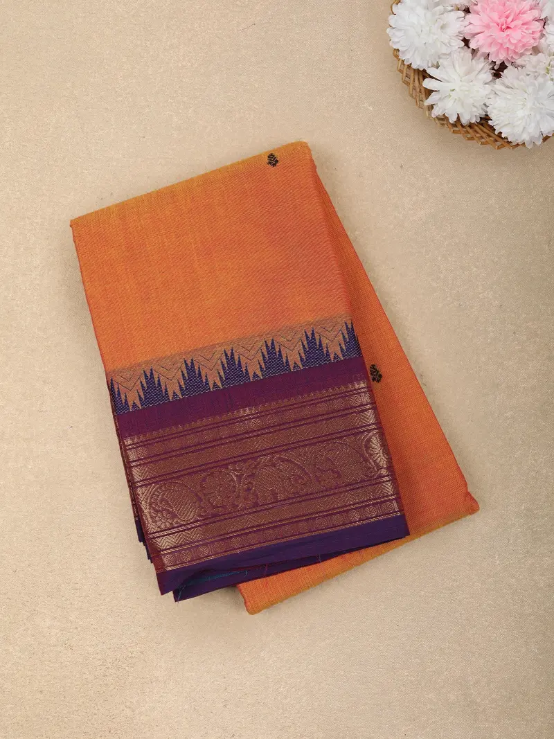 Mustard Orange Temple Border Cotton Saree With Contrast Zari Border 1