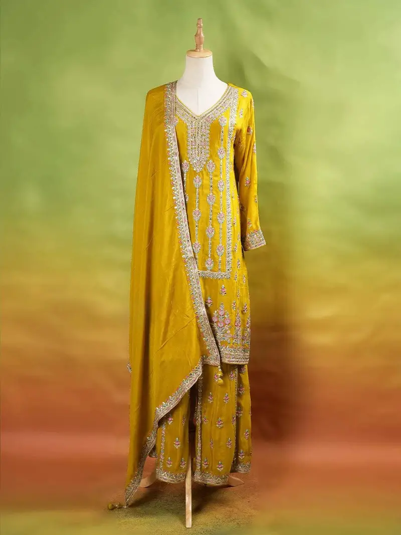 Mustard Palazzo Suit Adorned With Floral Embroidery, With Dupatta And Full Sleeve 1