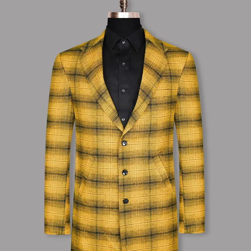 Mustard Plaid Flannel Wool Rich Trench Coat 1