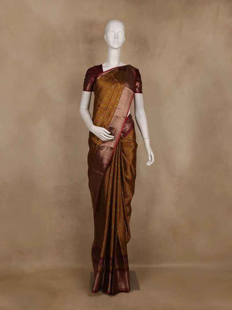Mustard Pochampally Ikat Design Cotton Saree With Zari Border 1