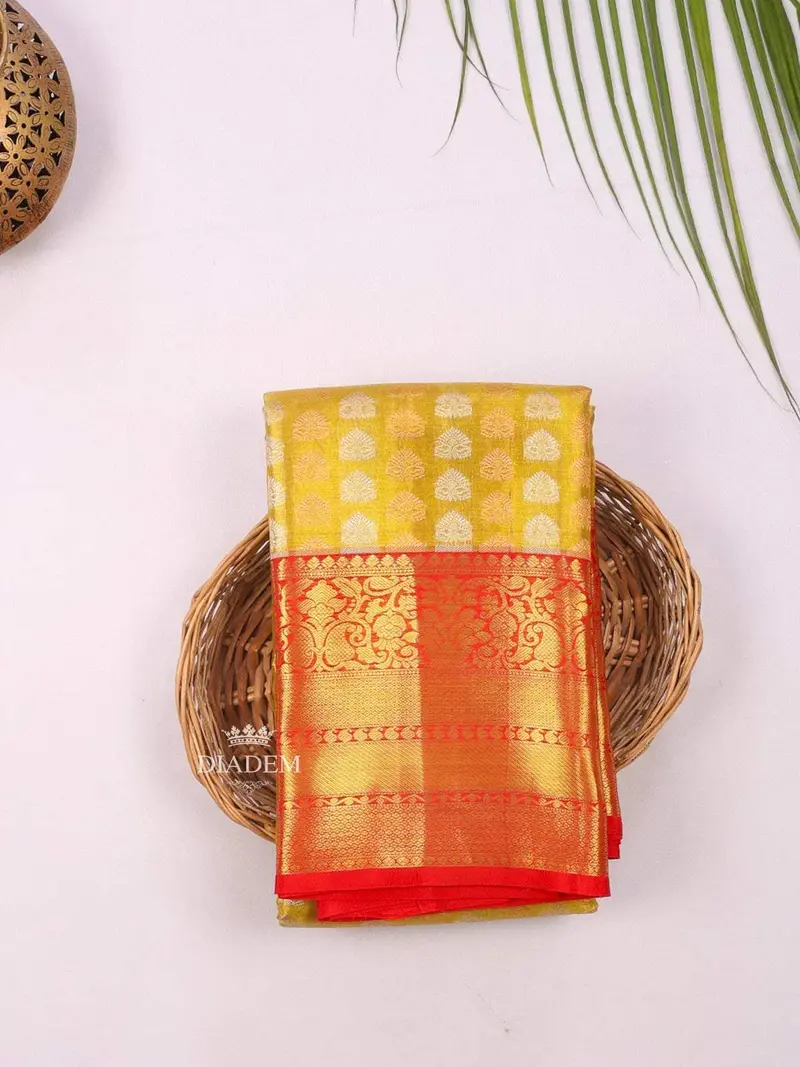 Mustard Pure Kanchipuram Bridal Silk Saree With Floral Motif On The Body And Contrast Zari Border 1