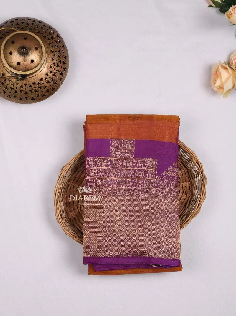 Mustard Pure Kanchipuram Bridal Silk Saree With Floral Motif On The Body And Contrast Zari Border 1