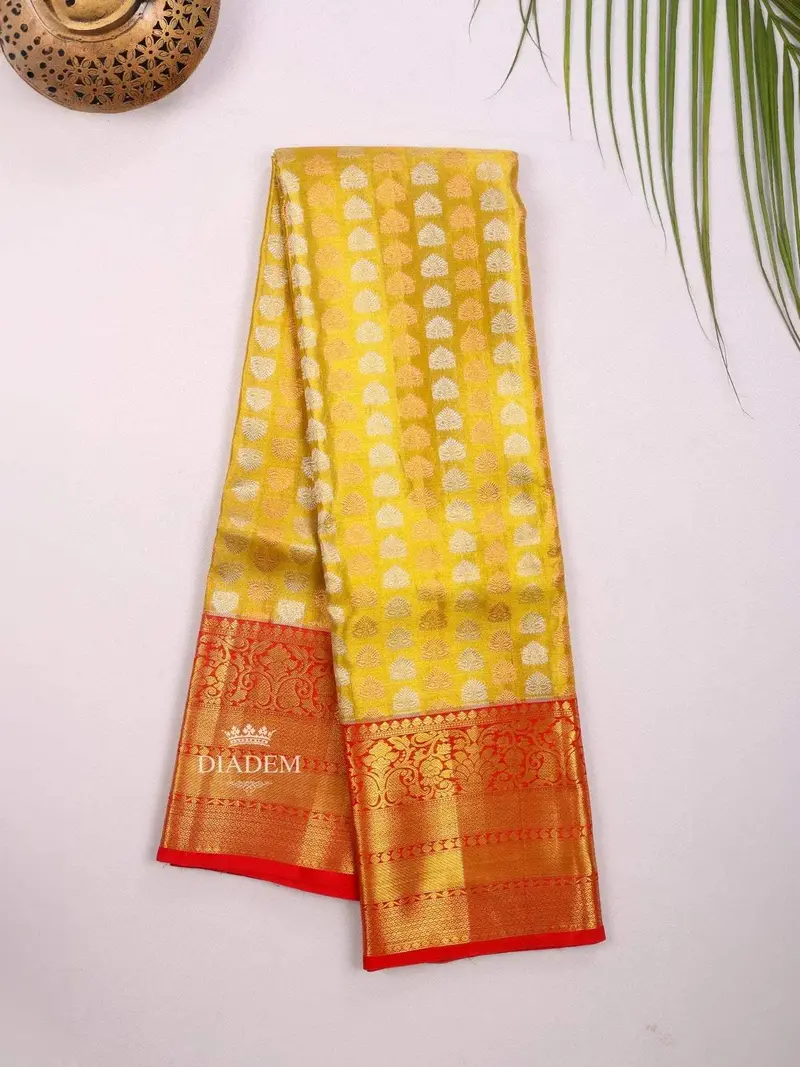 Mustard Pure Kanchipuram Bridal Silk Saree With Floral Motif On The Body And Contrast Zari Border 2