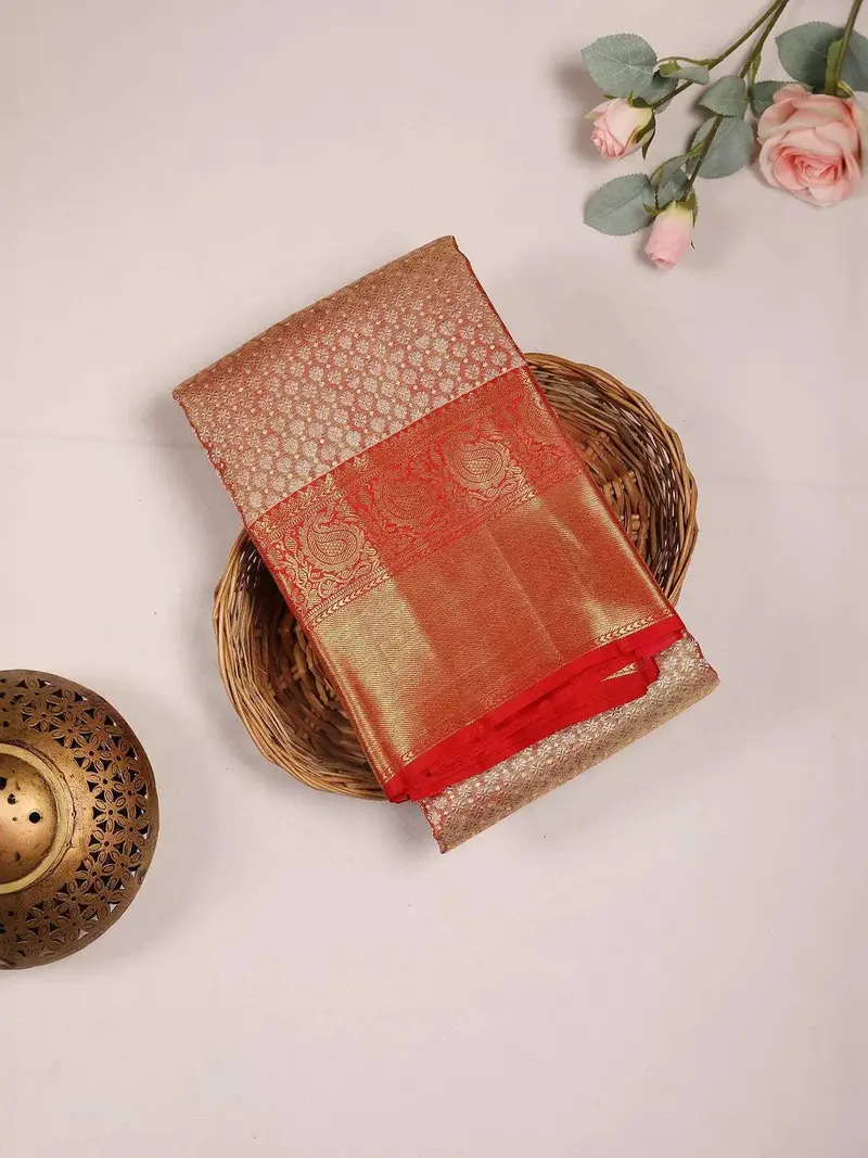 Mustard Pure Kanchipuram Bridal Silk Saree With Zari Brocade & Contrast Border 1