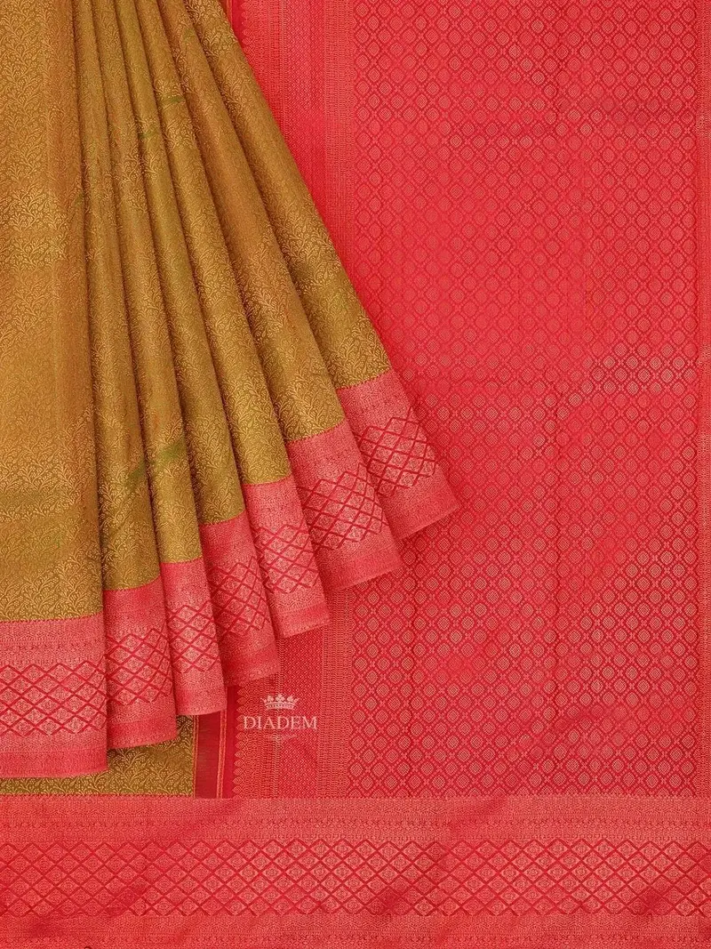 Mustard Pure Kanchipuram Silk Saree With Floral Motif On The Body And Contrast Zari Border 1