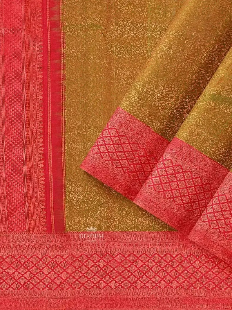 Mustard Pure Kanchipuram Silk Saree With Floral Motif On The Body And Contrast Zari Border 2