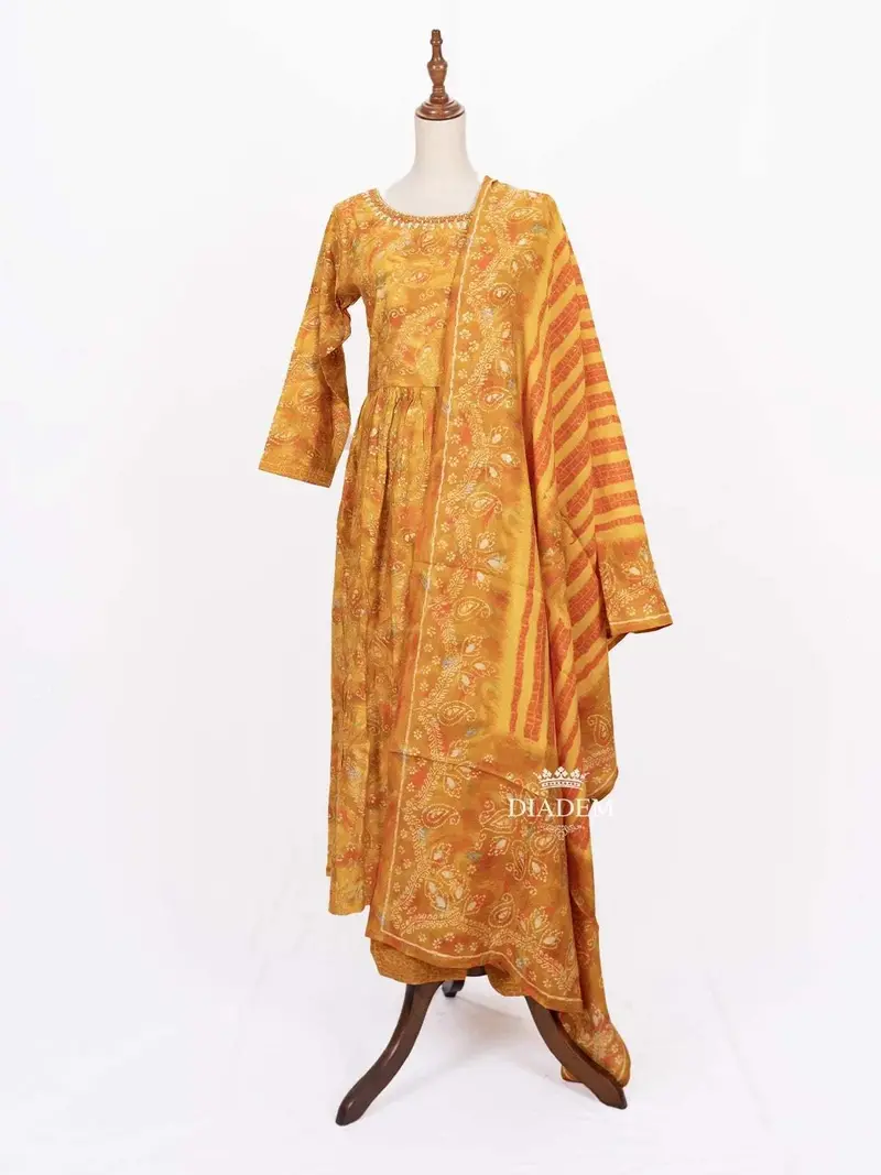 Mustard Straight Cut Salwar Suit Adorned With Floral Prints And Dupatta 1