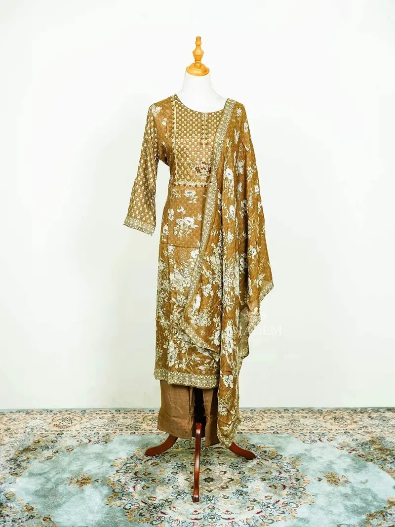 Mustard Straight Cut Salwar Suit Adorned With Sequins And Floral Prints Along With Dupatta 1