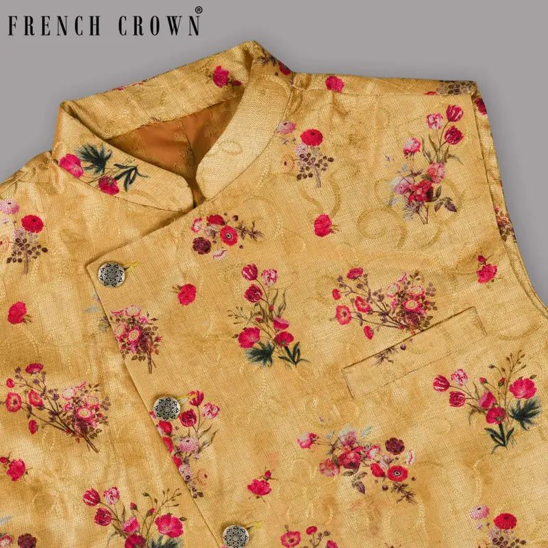 Mustard With Tonal Embroidered And Red Flowers Printed Designer Nehru Jacket 1