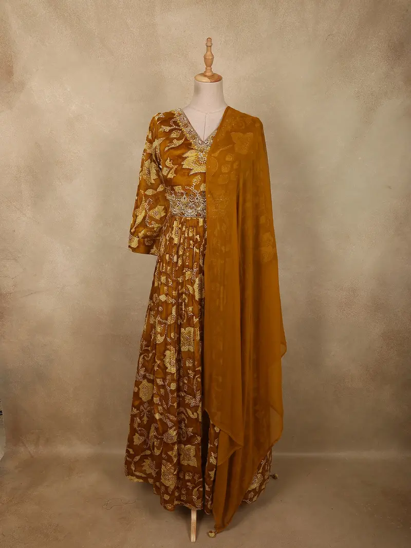 Mustard Yellow Abstract Printed Design Georgette Anarkali Gown With Dupatta 1