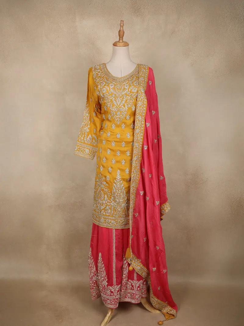 Mustard Yellow And Pink Heavy Embroidered Design Silk Palazzo Suit 1