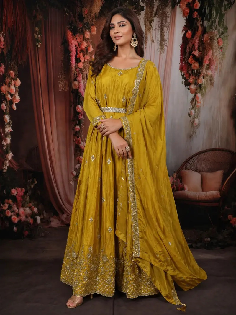 Mustard Yellow Beads And Zari Embroidered Design Semi Silk Gown With Dupata 1