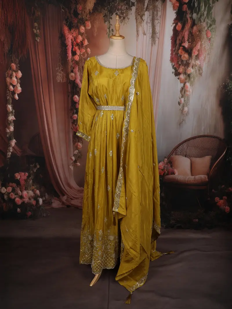 Mustard Yellow Beads And Zari Embroidered Design Semi Silk Gown With Dupata 2