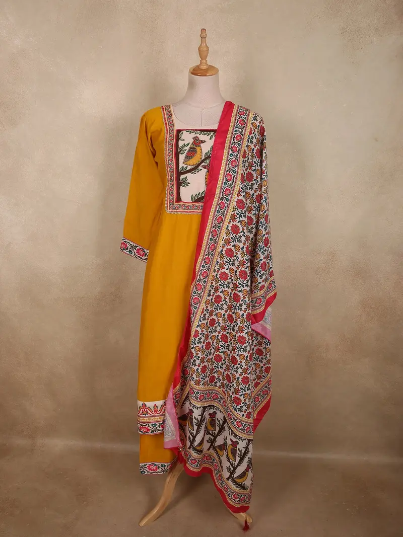 Mustard Yellow Bird Motif Printed Design Cotton Palazzo Suit With Floral Dupatta 1