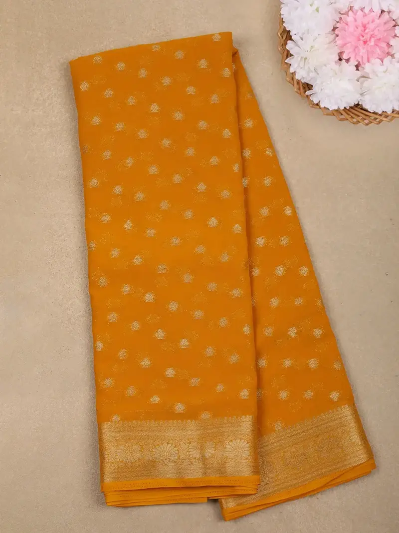 Mustard Yellow Butta Design Chiffon Saree 1