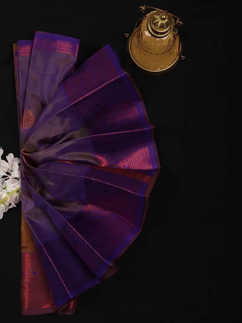 Mustard Yellow Butta Design Soft Silk Saree With Contrast Purple Zari Border 2