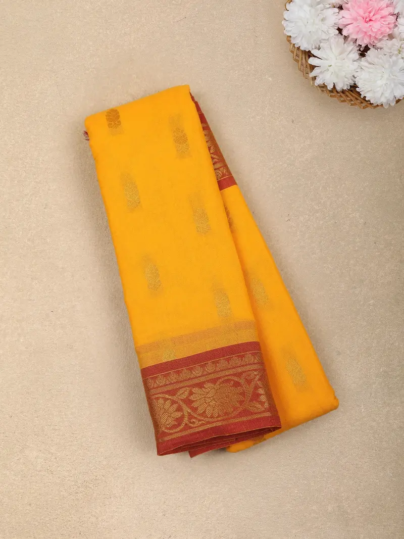 Mustard Yellow Butta Woven Design Cotton Saree With Contrast Border 1