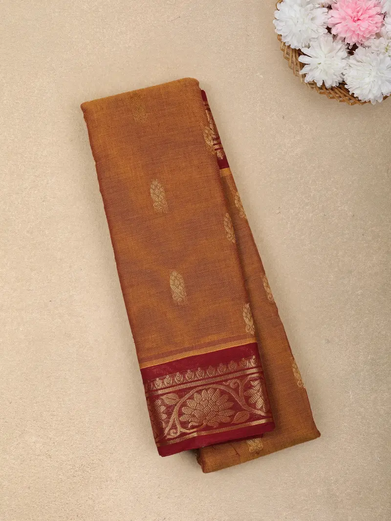 Mustard Yellow Butta Woven Design Cotton Saree With Contrast Border 1