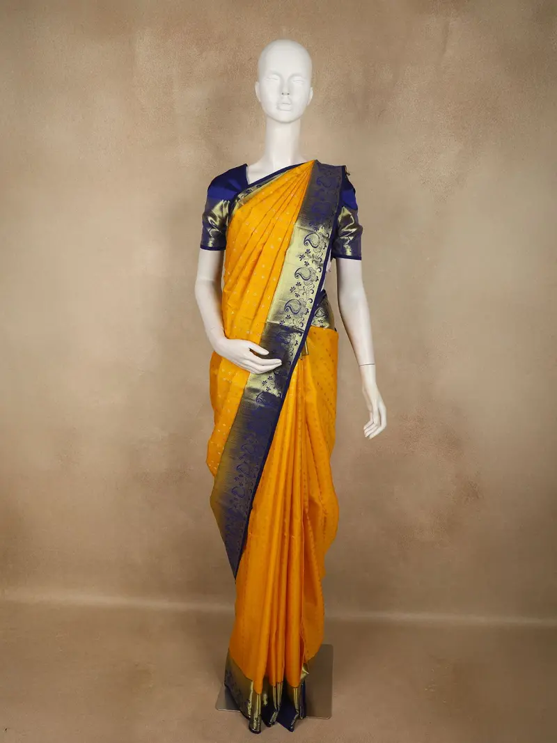 Mustard Yellow Butta Woven Design Pure Kanchipuram Silk Saree With Contrast Paisley Zari Border 1