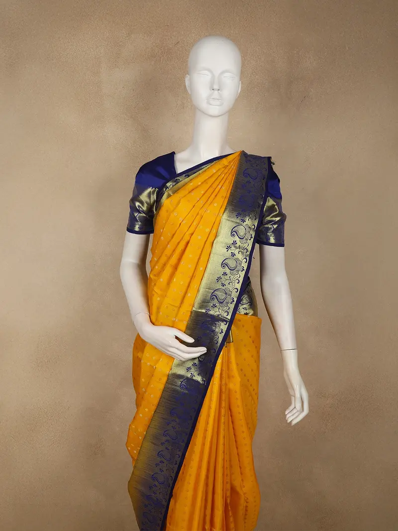 Mustard Yellow Butta Woven Design Pure Kanchipuram Silk Saree With Contrast Paisley Zari Border 2