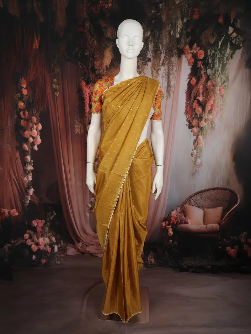 Mustard Yellow Butta Woven Design Soft Tissue Saree With Scalloped Border 1