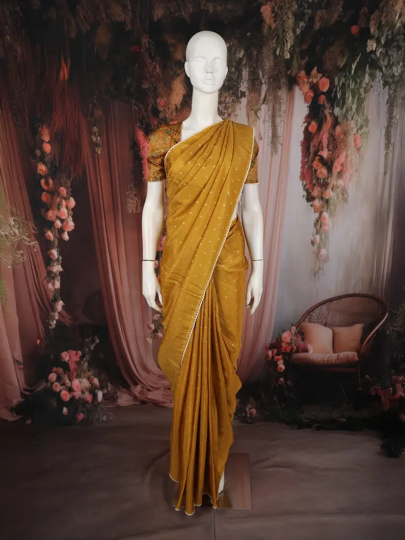 Mustard Yellow Butta Woven Design Soft Tissue Saree With Scalloped Border 1